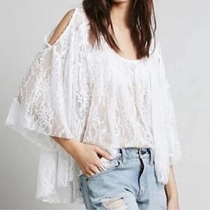 Free People "Lost in Austin" Ivory Lace Cold Shoulder Boho Blouse Size XS